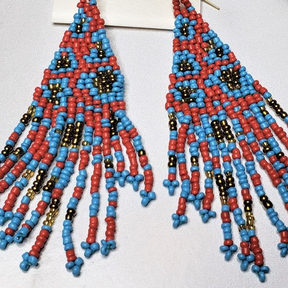 NWT Turquoise Red Gold Beaded Boho Earrings - Picture 2 of 2